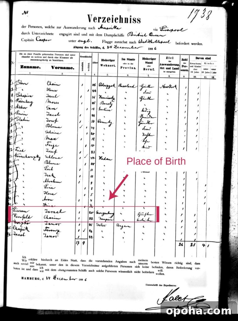 Tracing Immigrant Ancestors: Find Your Family’s Journey Across Oceans 4 Passenger list for the Amerika out of Liverpool in 1886. Entry for Israel Lisson
