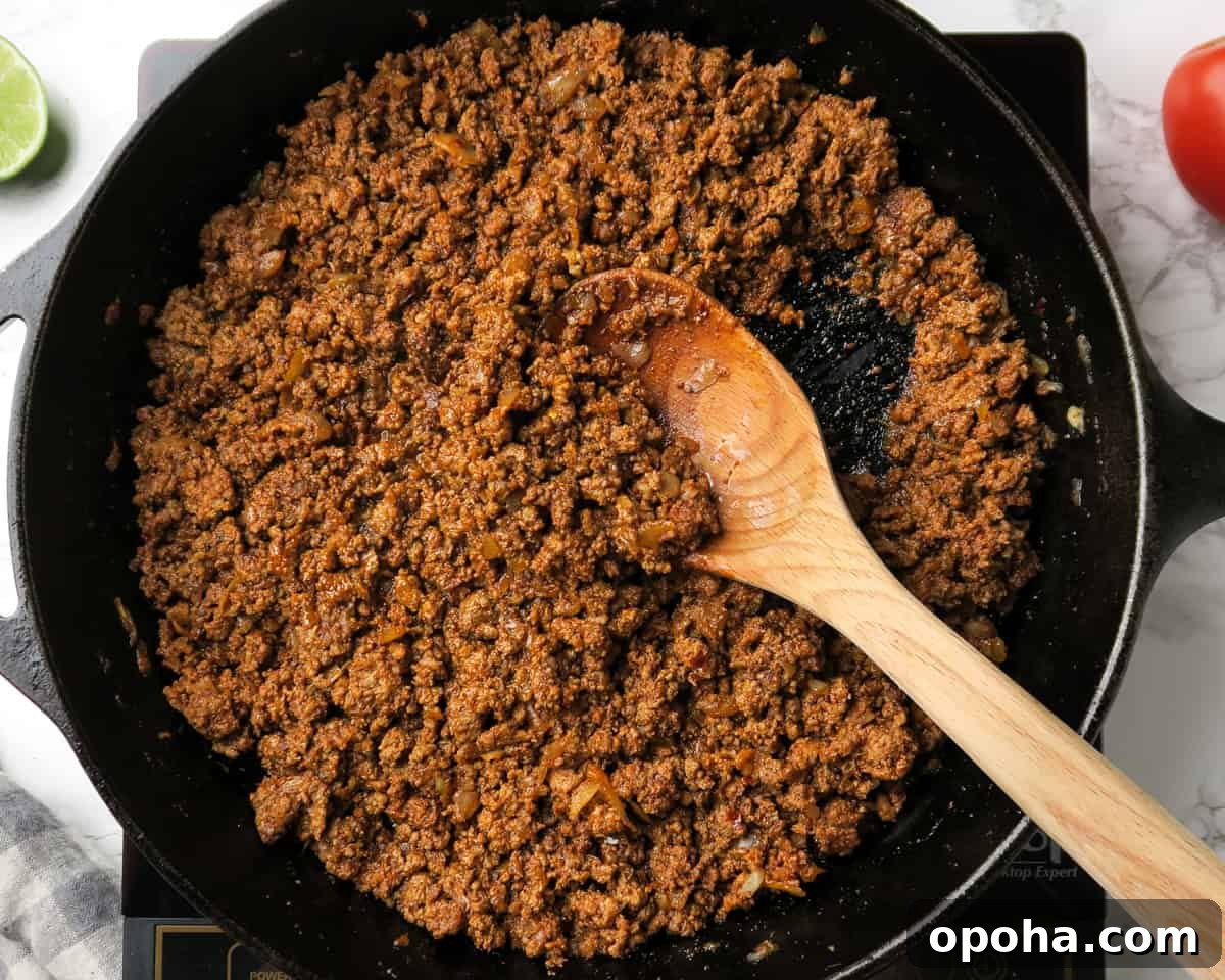Taco Meat Recipe: Skillet, Instant Pot, or Crock Pot Options 6 ground beef taco meat shown cooked in the cast iron skillet