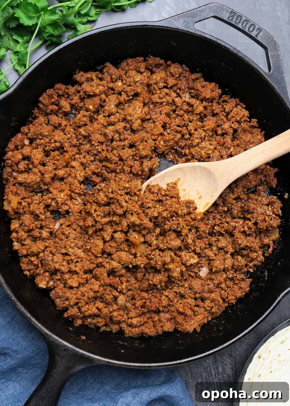 Taco Meat Recipe: Skillet, Instant Pot, or Crock Pot Options 9 ground beef taco meat shown in a cast iron skillet