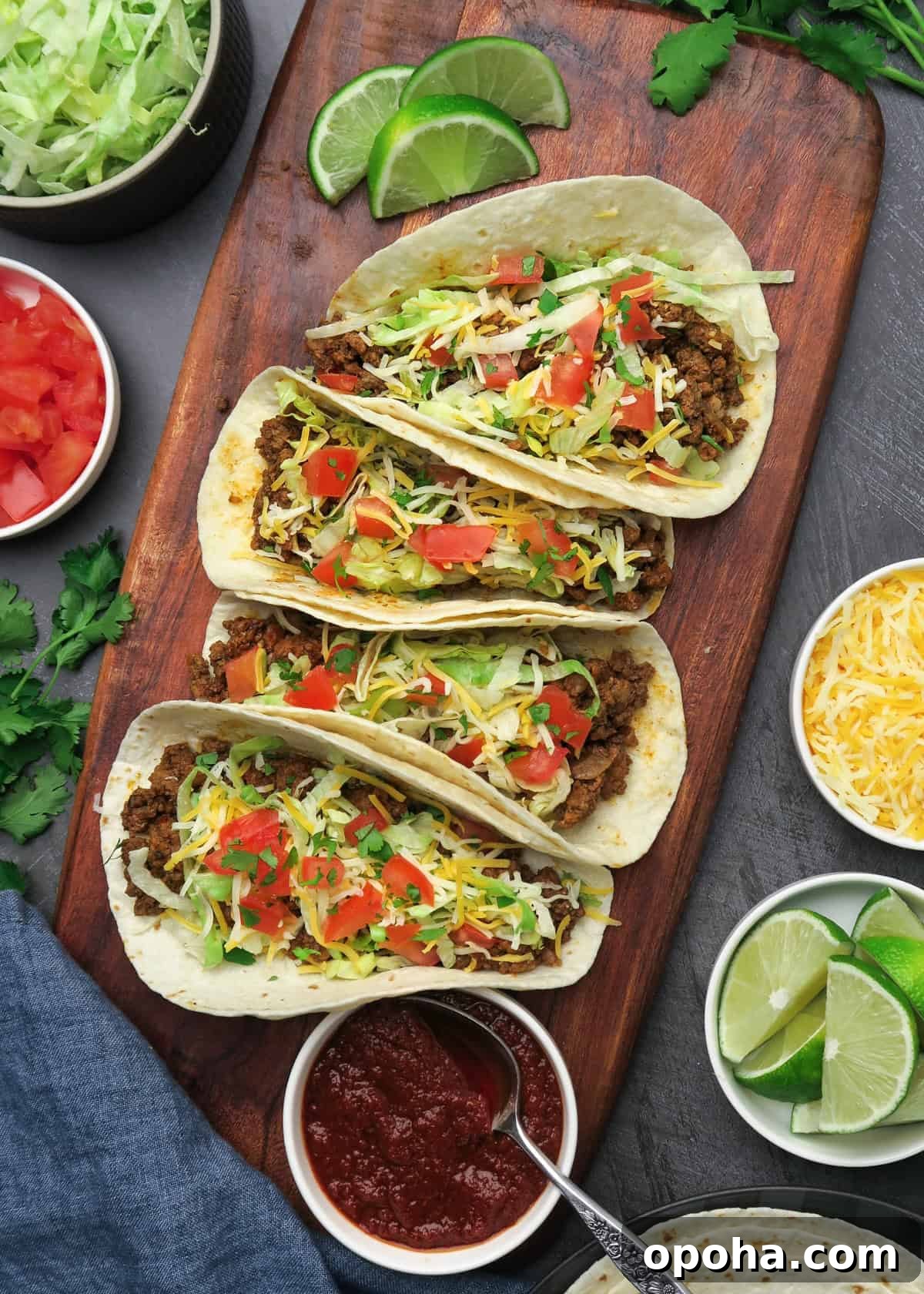 Taco Meat Recipe: Skillet, Instant Pot, or Crock Pot Options 10 a tray of ground beef tacos topped with lettuce, tomatoes and cheese.