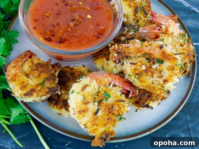 a white plate of Coconut Shrimp with a bowl of Peach Sweet and Spicy Chili Sauce