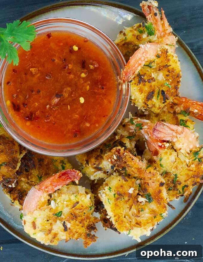 a white plate of Coconut Shrimp with a bowl of Peach Sweet and Spicy Chili Sauce