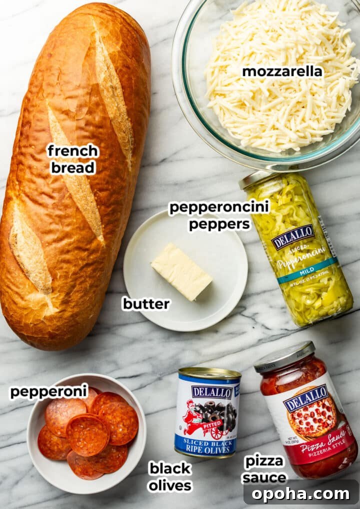 ingredients for french bread pizza in prep bowls and jars