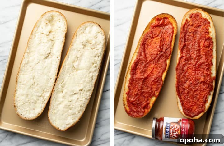 adding butter and pizza sauce to two halves of french bread on a baking sheet