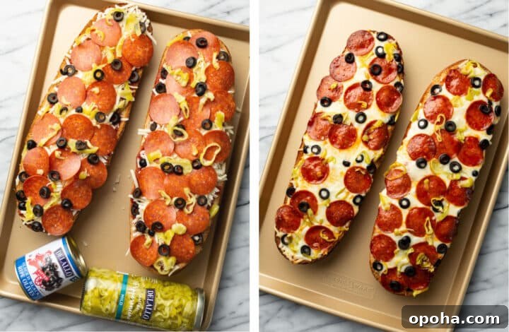 easy french bread pizza on a tray before and after baking