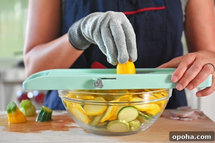 A gloved hand is using a green Japanese mandolin to thinly slice summer squash for Lemon Garlic Chicken Parchment Packets 