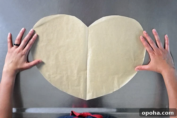 An overhead shot of a piece of parchment paper cut in the shape of a heart to make Lemon Garlic Chicken Parchment Packets 