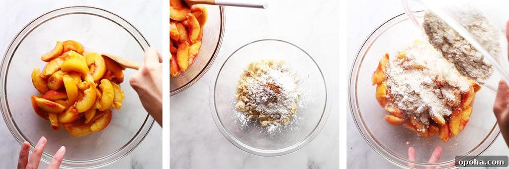 Peaches being combined with sugar and cornstarch