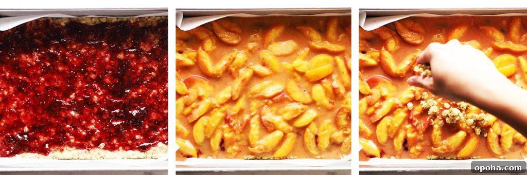 Raspberry preserves and peaches layered in pan