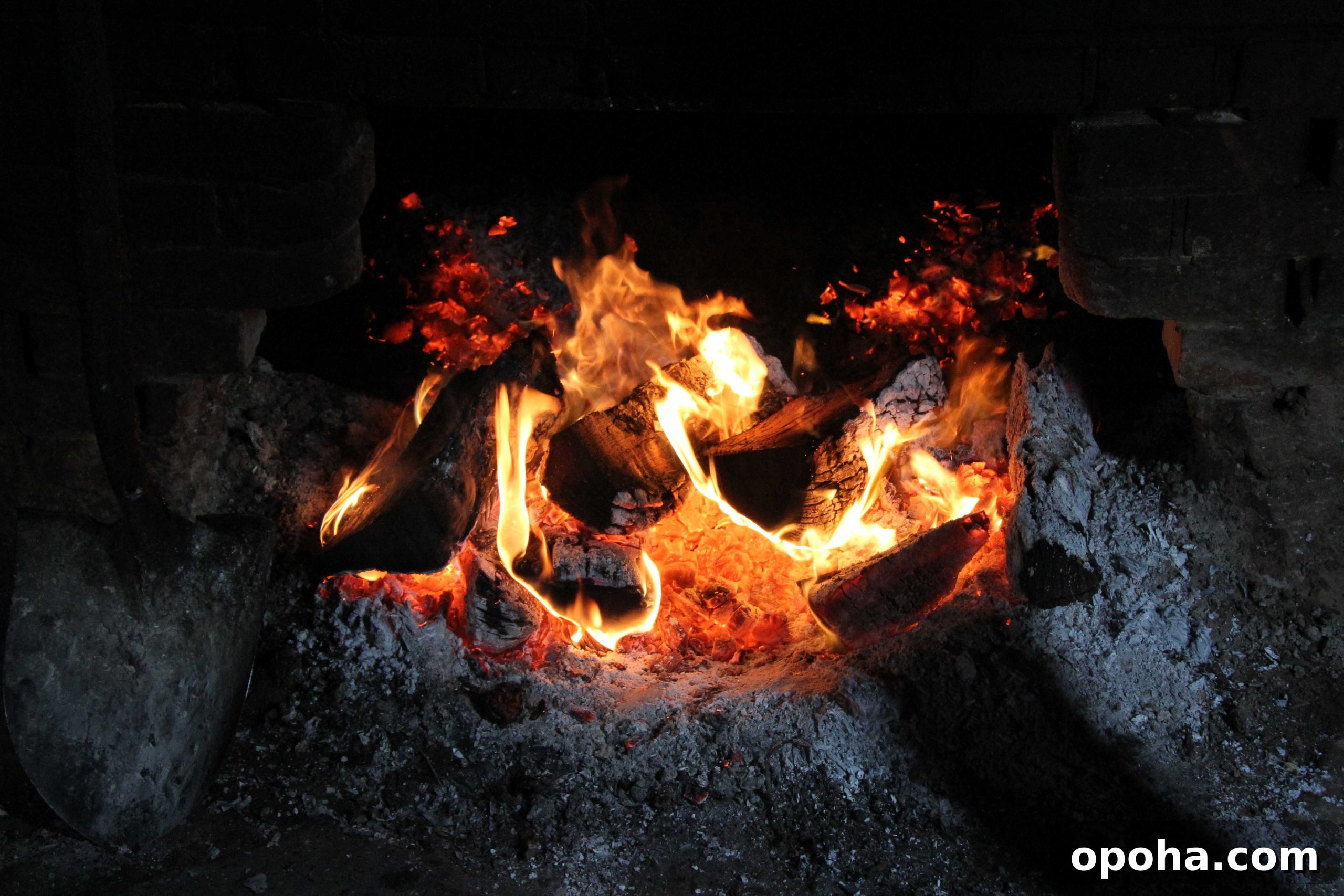 Burning logs turn to coals in the pit at Martin's Place