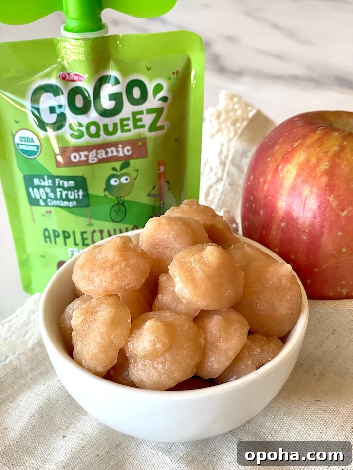 Frozen Applesauce Bites: Kid-Friendly Chilled Snack Recipe 2 Your kids are going to love this healthy snack! Simple turn applesauce into fun finger food by freezing dollops of it on a sheet pan. A delicious sweet treat that kids of all ages will love, especially toddlers and preschoolers.