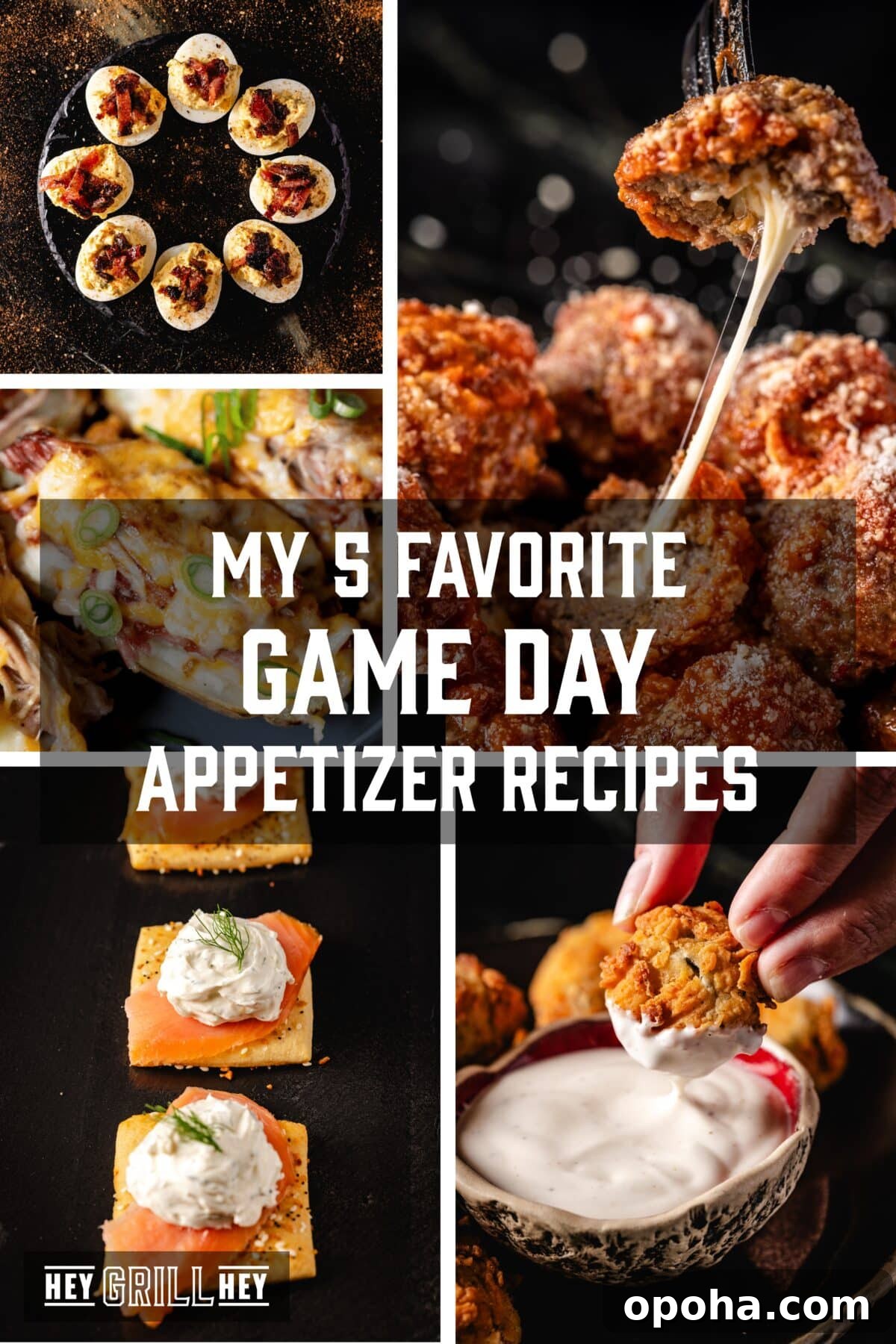 A collage featuring various game day appetizers. The text overlay reads "My 5 Favorite Game Day Appetizer Recipes" in the middle, and "Hey Grill Hey" at the bottom.