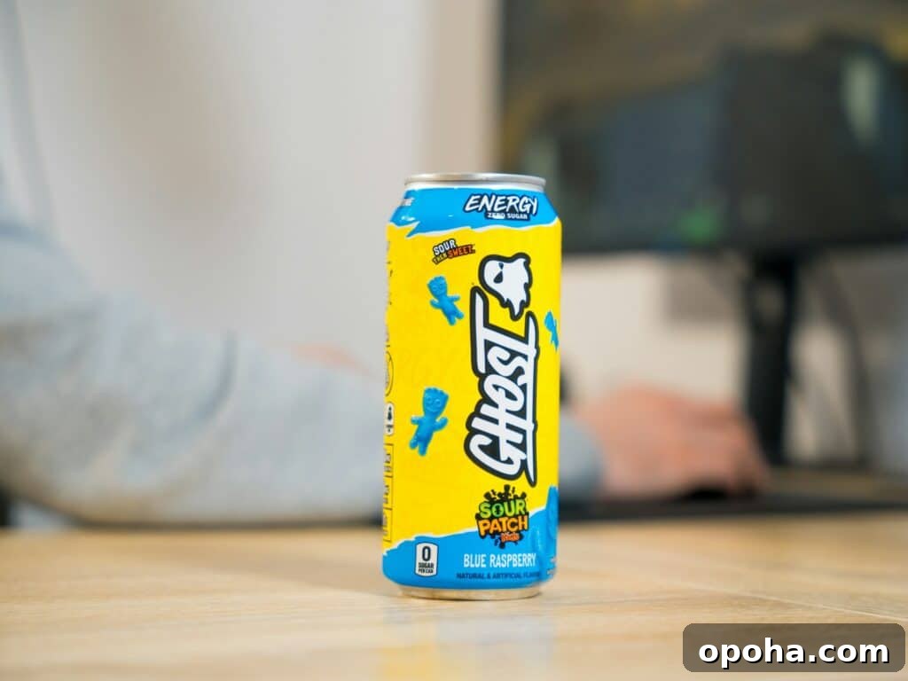 A can of Ghost Energy drink on a table.