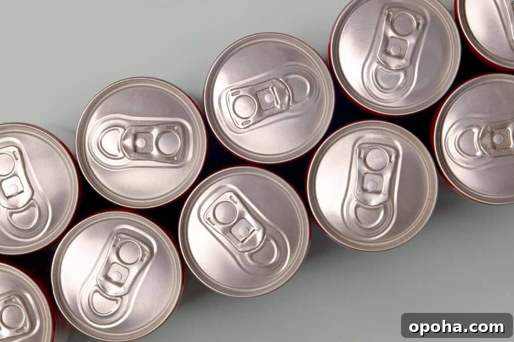 A shot of the top of energy drink cans.