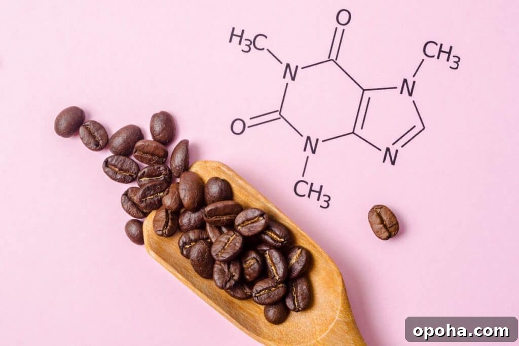 Coffee beans with a caffeine molecule image.