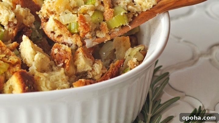 a serving bowl Gluten-Free stuffing on a white counter
