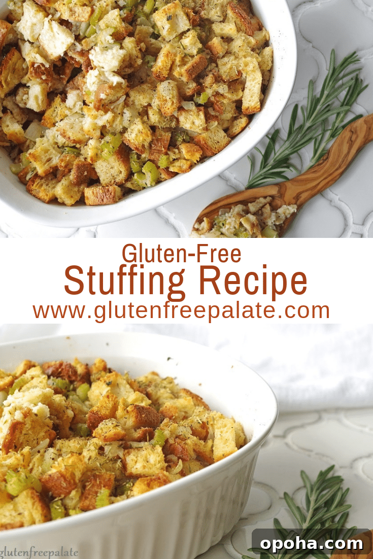 Gluten-Free Holiday Stuffing Recipe for Flavorful Celebrations 11 a pinterest pin with two images of stuffing with the words gluten-free stuffing recipe in text in the center
