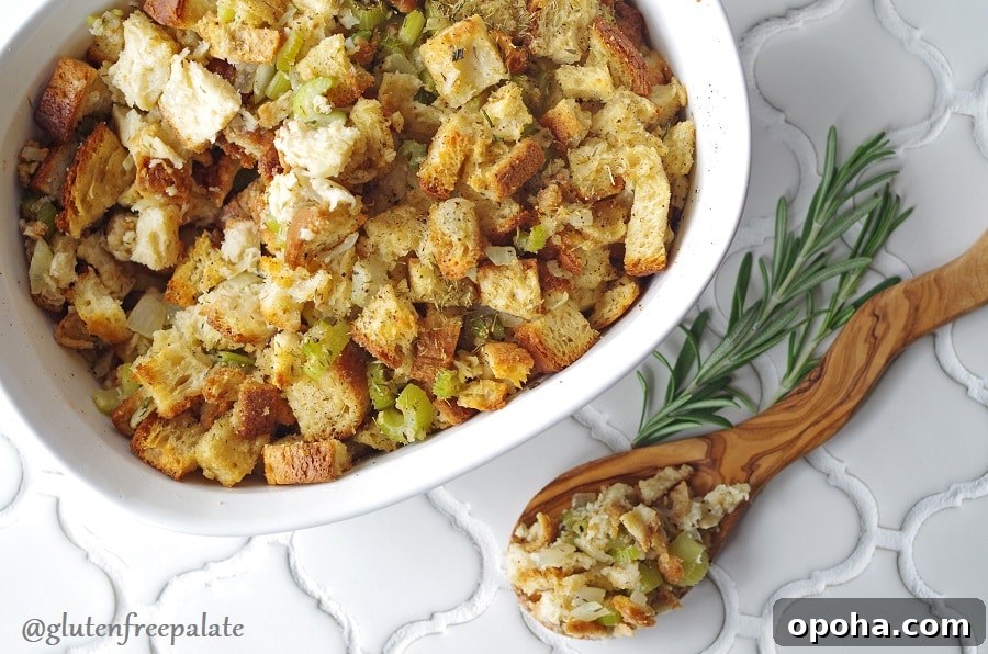 Gluten-Free Holiday Stuffing Recipe for Flavorful Celebrations 4 a wooden spoon with gluten free stuffing next to a white dish filled with stuffing