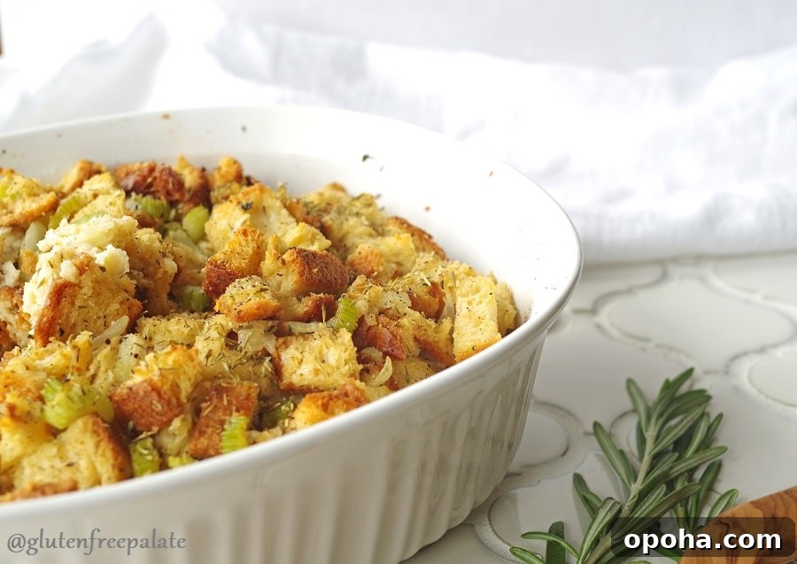 Gluten-Free Holiday Stuffing Recipe for Flavorful Celebrations 6 a side view of gluten free stuffing in a white baking dish