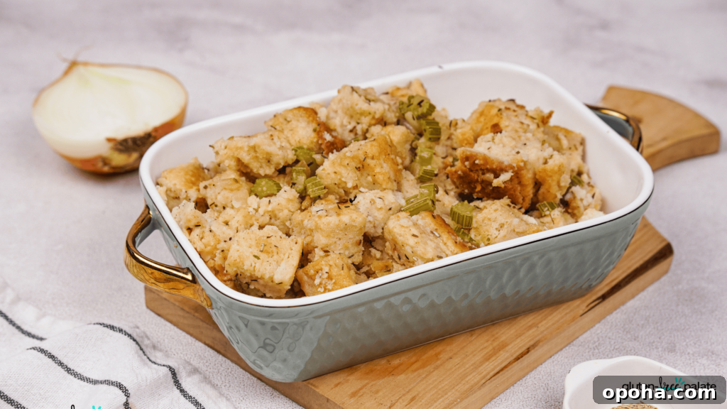 Gluten-Free Holiday Stuffing Recipe for Flavorful Celebrations 8 Gluten-free stuffing served in a white dish.
