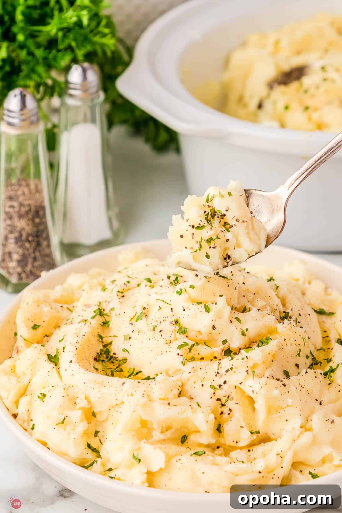 Decadent Million Dollar Mashed Potatoes Recipe 2 white bowl of million dollar mashed potatoes with a spoon in it