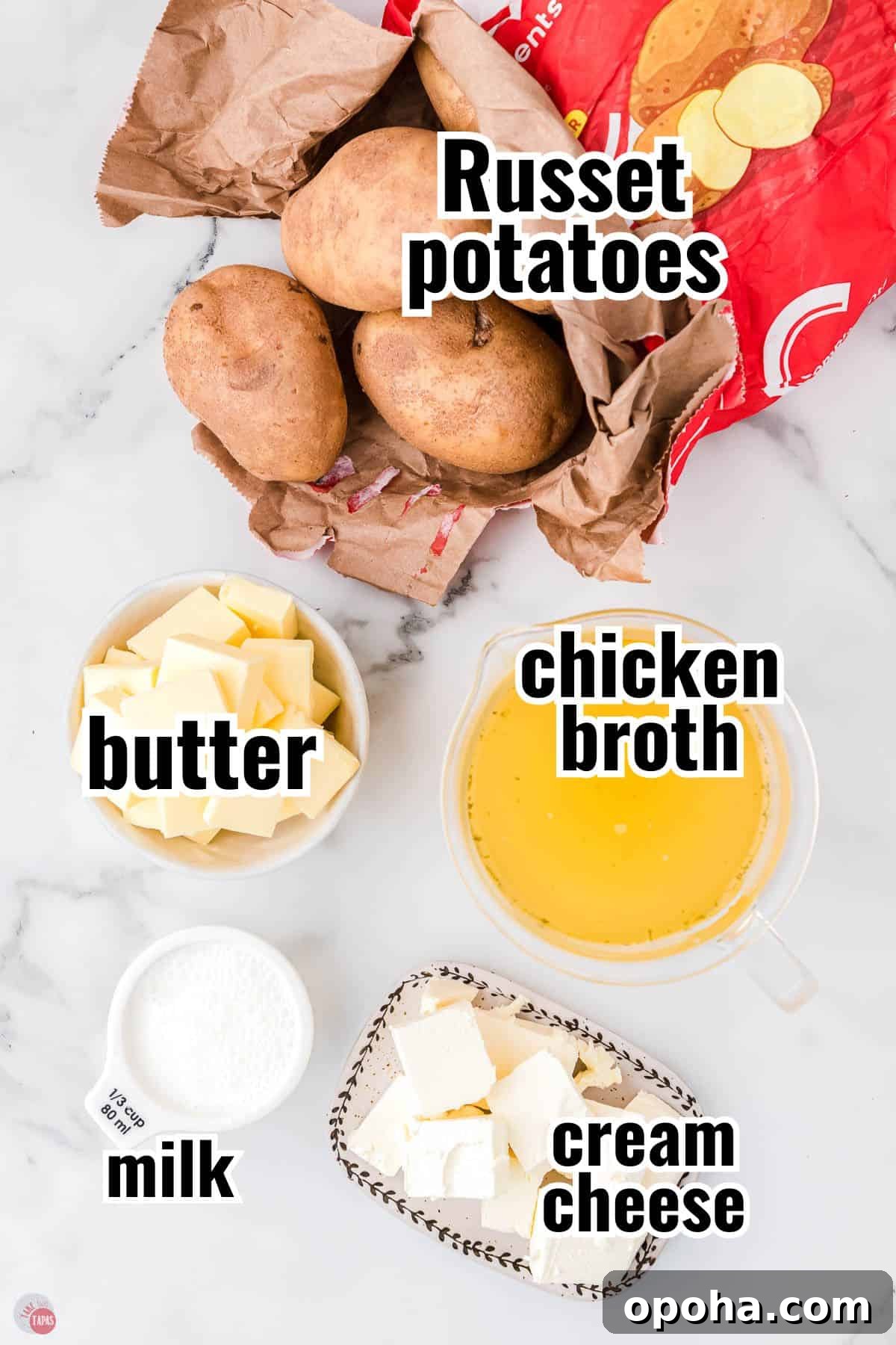 Decadent Million Dollar Mashed Potatoes Recipe 3 ingredients for million dollar ahed potatoes recipe in individual bowls with text overlay labeling them