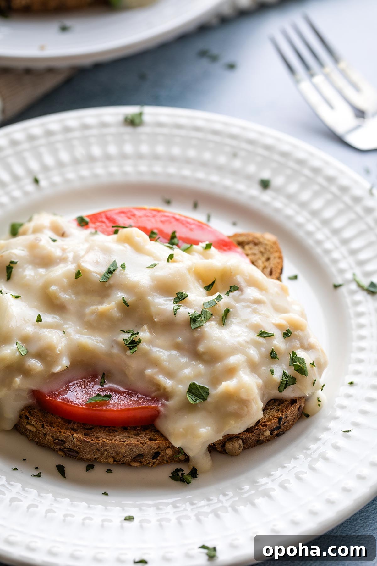 Closeup of the creamed tuna served on top of a tomato slice and sprinkled with bit of fresh parsley.