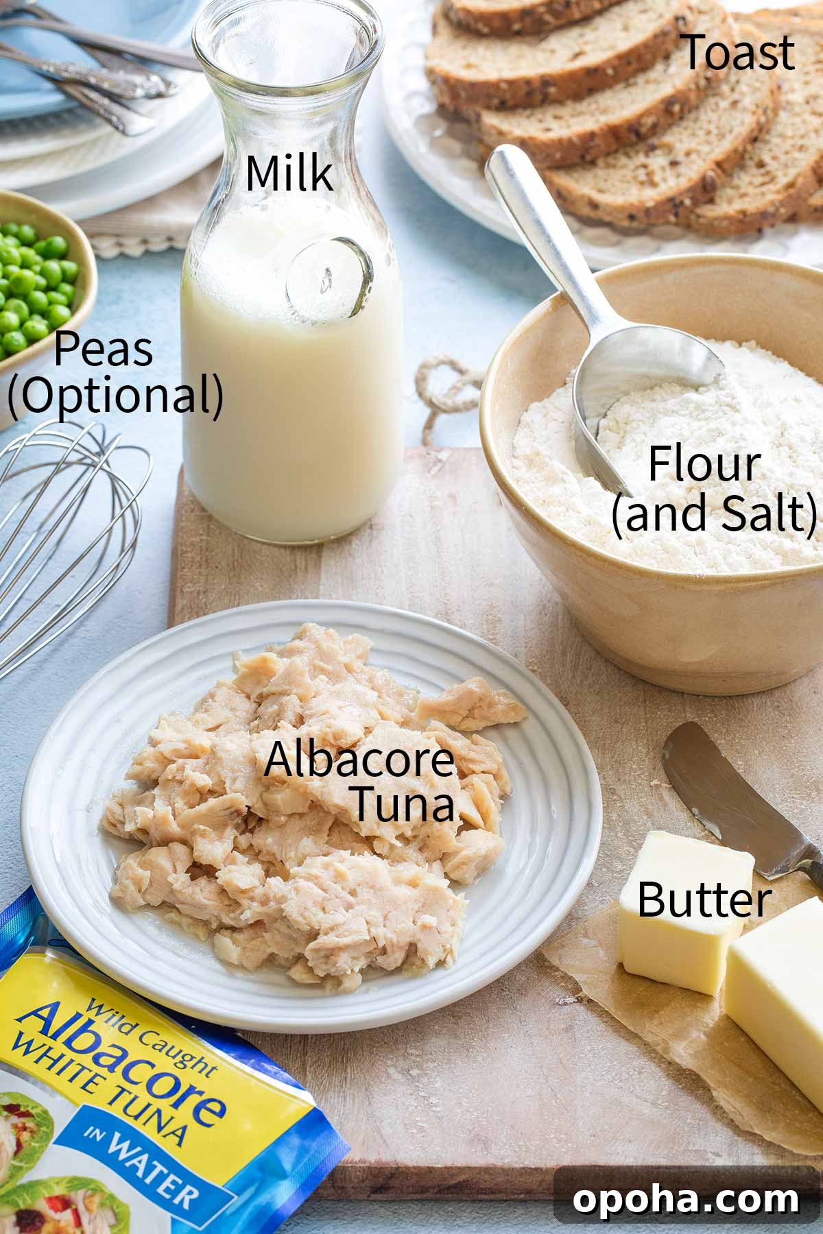 Recipe ingredients with labels (clockwise, left to right): "Milk, Toast, Flour (and Salt), Butter, Albacore Tuna, and Peas (Optional)".