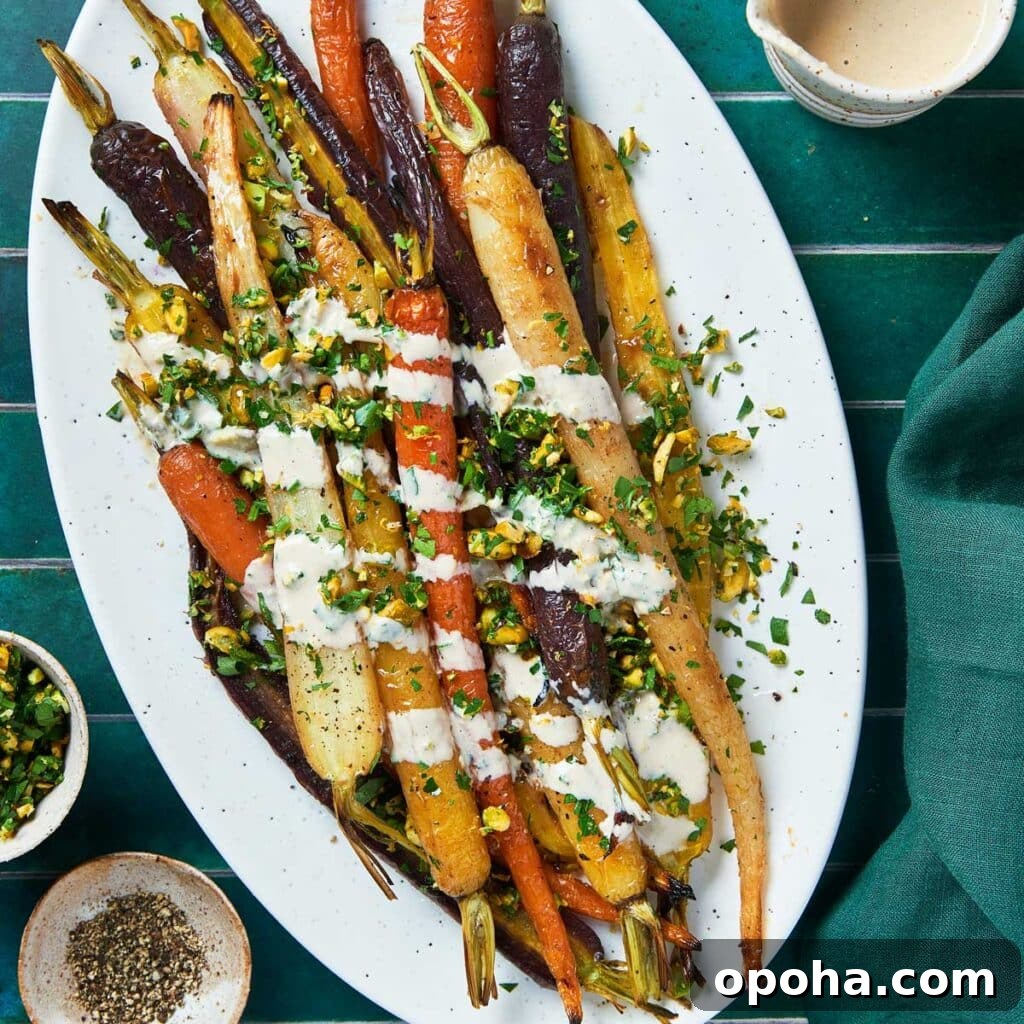 14 Delicious Easter Recipes to Make at Home 9 A plate with roasted rainbow carrots topped with gremolata and drizzled with tahini sauce
