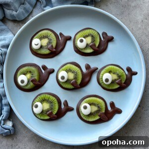 A plate with seven fish-shaped bites made from chocolate, slices of kiwi, and candy eyes, arranged neatly on a light blue plate—perfect for fun food recipes or creative dishes.