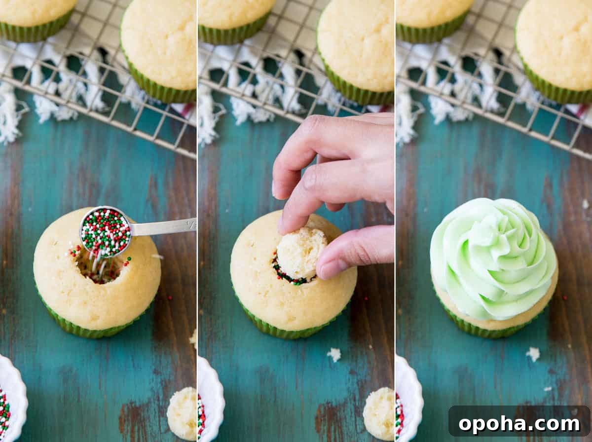 Adding sprinkles and mint buttercream to piñata cupcakes.
