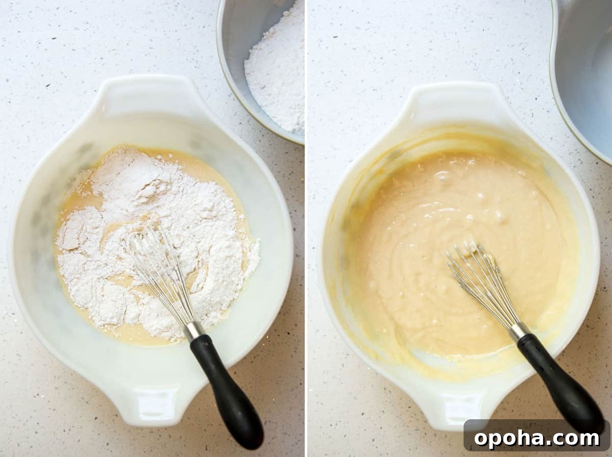 Add dry ingredients to wet ingredients to make vanilla cupcake batter.