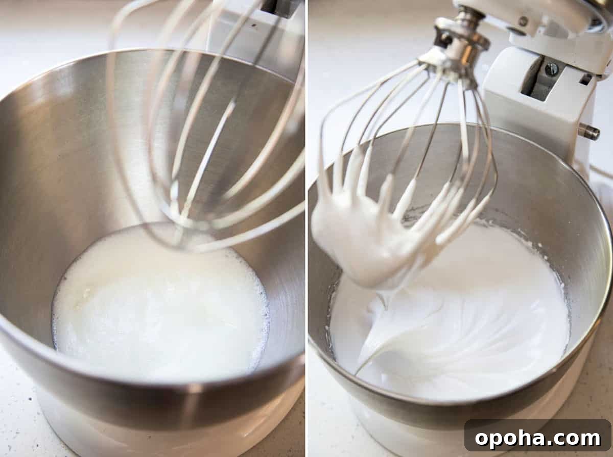 Stiff meringue in a stand mixer bowl.