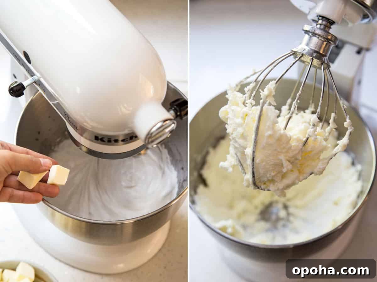 Adding cube butter to meringue to make mint buttercream.