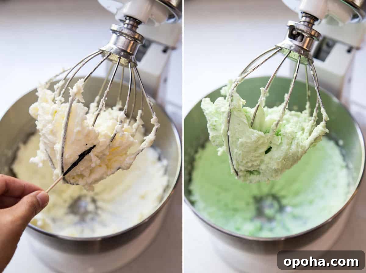 Adding green gel food color to mint buttercream.