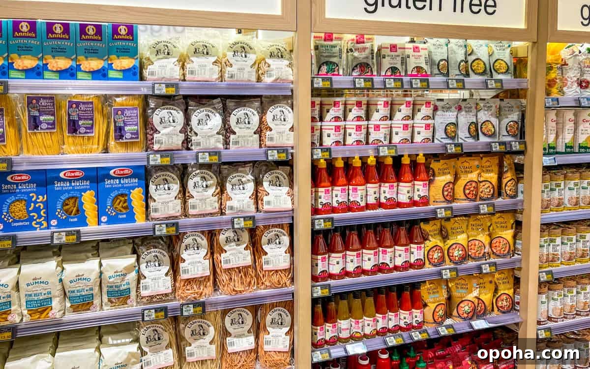 Photo of supermarket shelves with gluten-free pastas and tomato sauces.