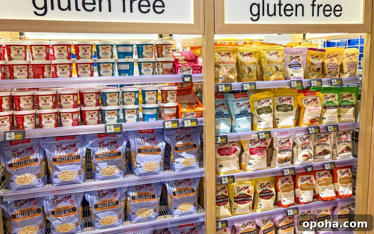 Photo of different gluten free flours on the supermarket shelves.