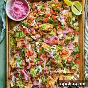 vegan nachos on a tray with pickled onions, lime wedges, and cilantro