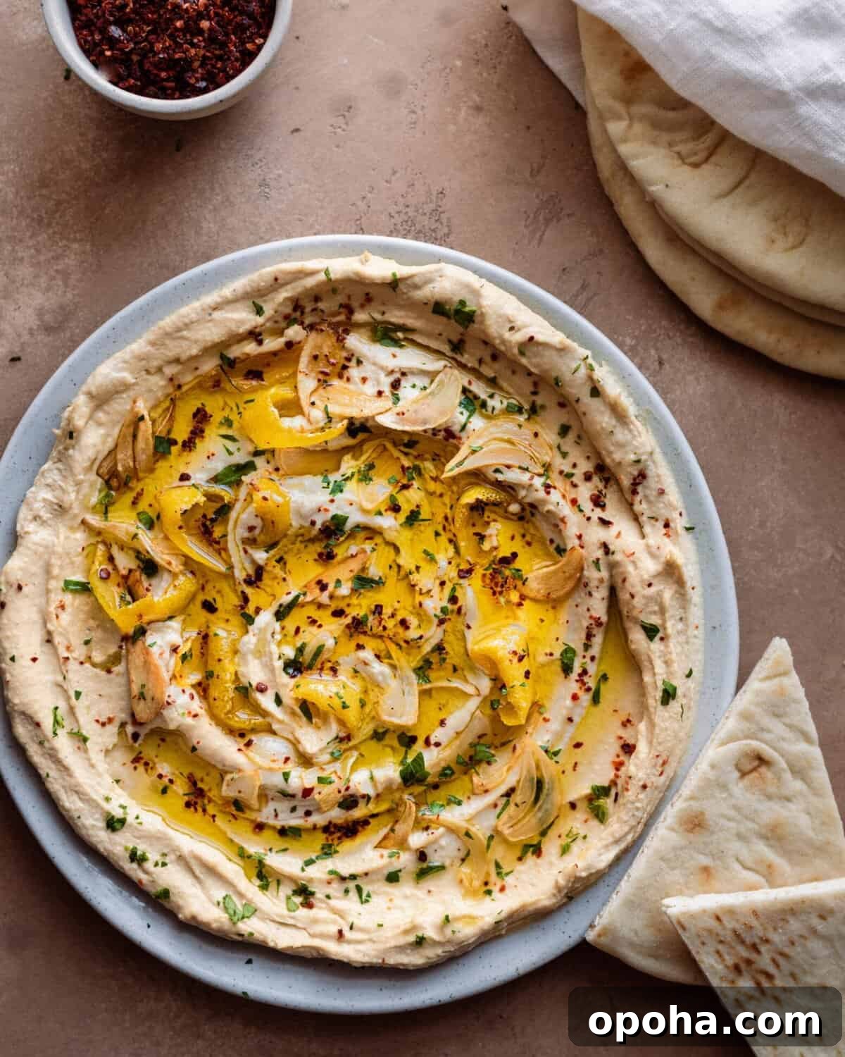 plate of the best hummus with olive oil and herbs with pita bread