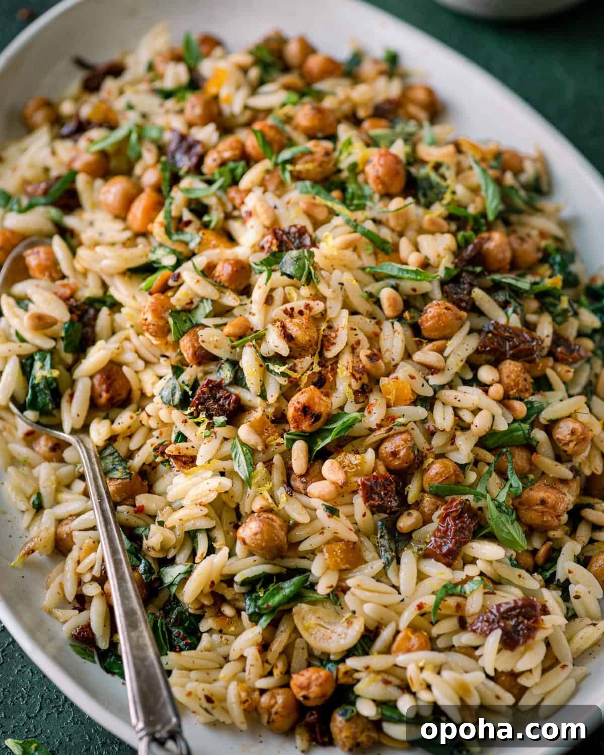 closeup of lemon orzo pasta salad on a tray with a spoon