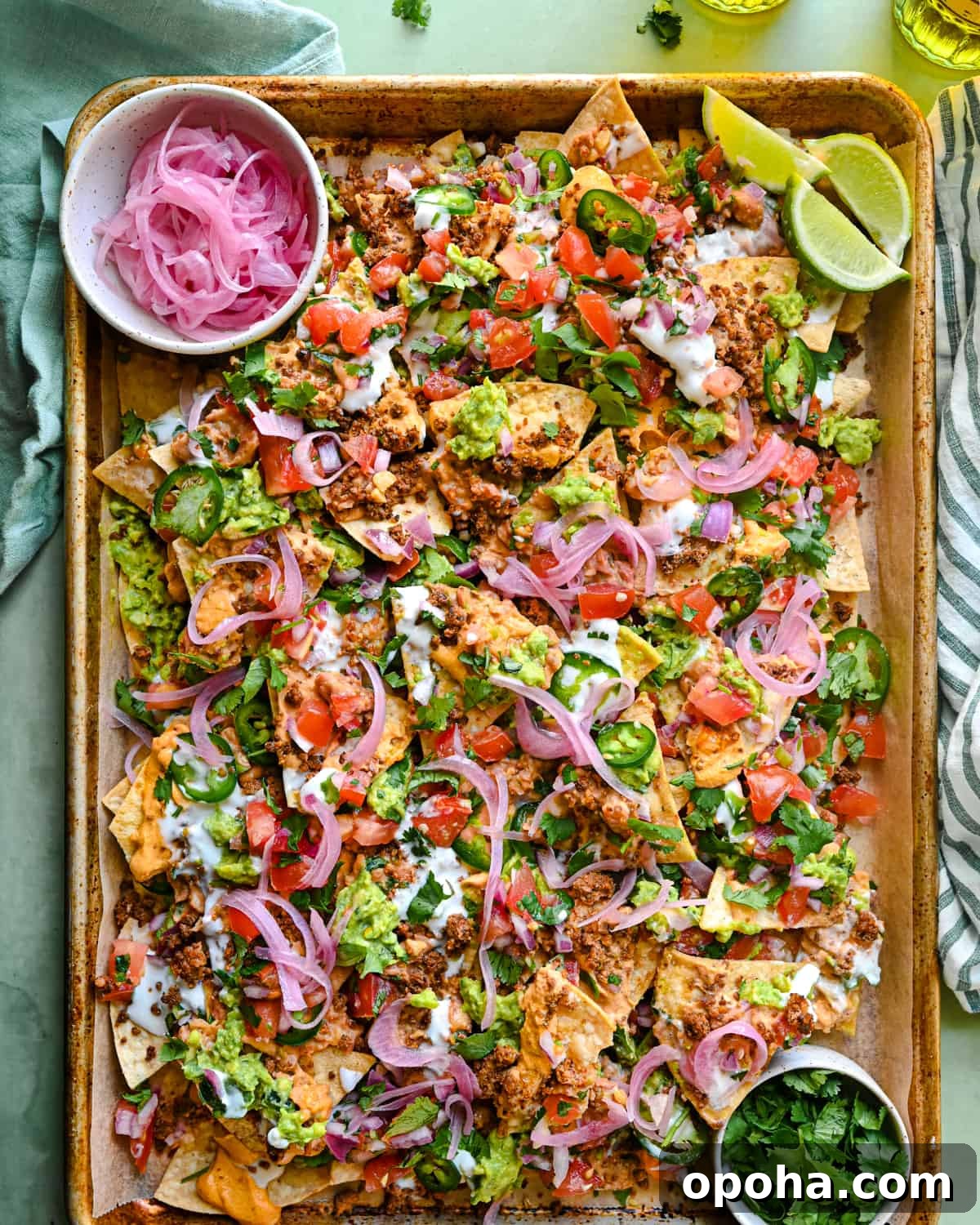 vegan nachos on a tray with pickled onions, lime wedges, and cilantro, on a green backdrop with glasses of beer