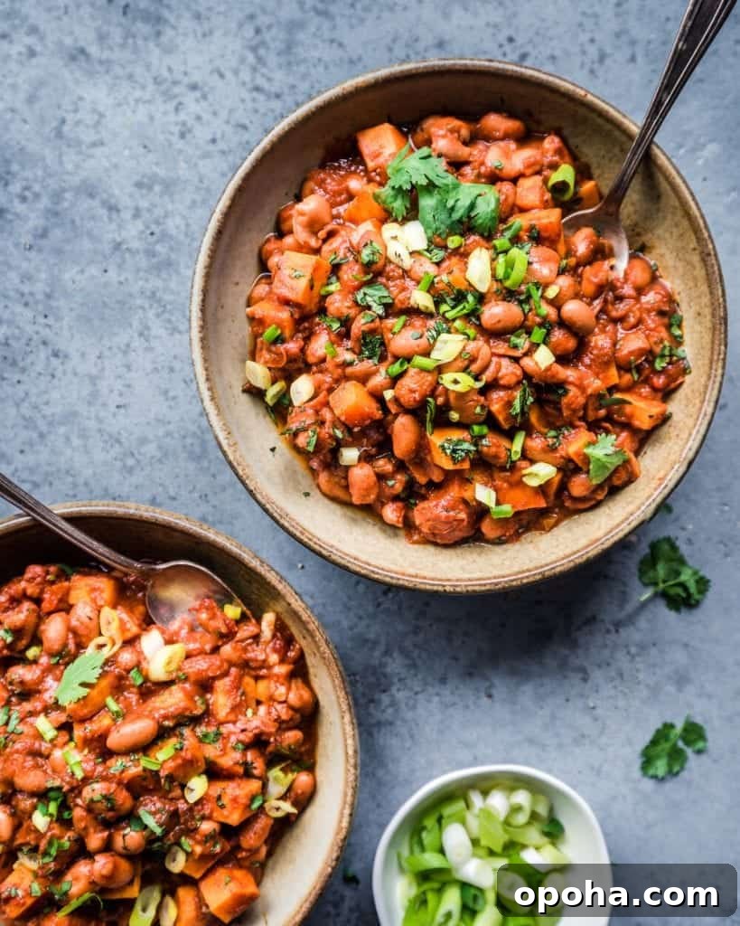 two bowls of vegan sweet potato bean chili