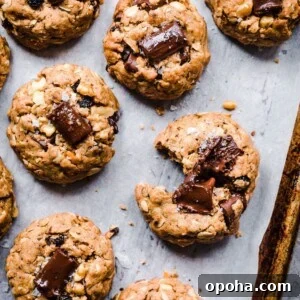 chocolate chunk vegan oatmeal cookies with one cookie bite