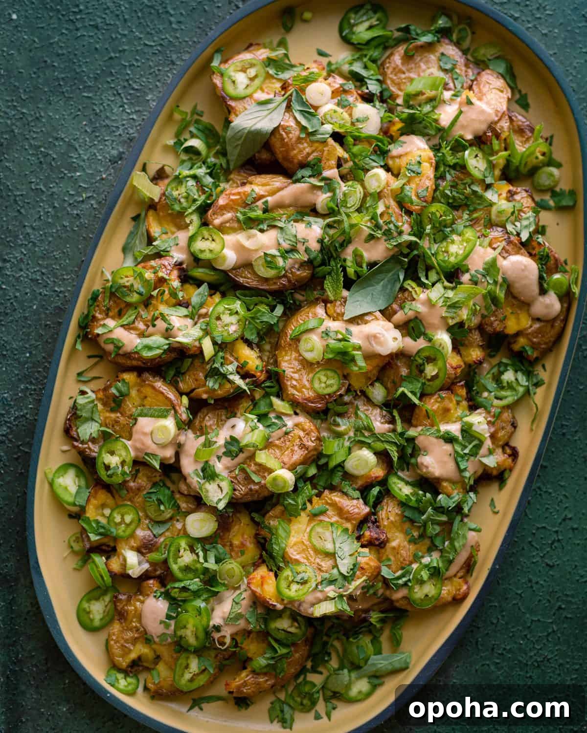 Crispy Smashed Potatoes with Ginger-Tahini Dressing
