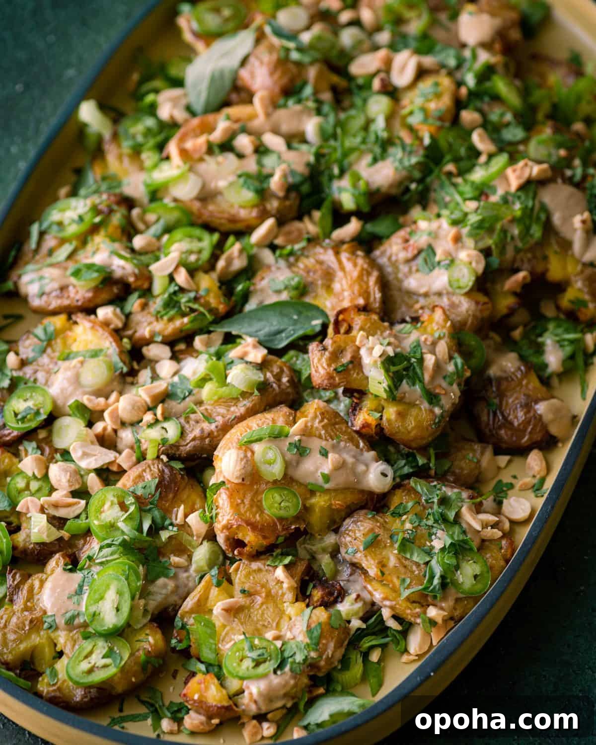 crispy smashed potatoes with ginger-tahini dressing, scallions, herbs, and peanuts