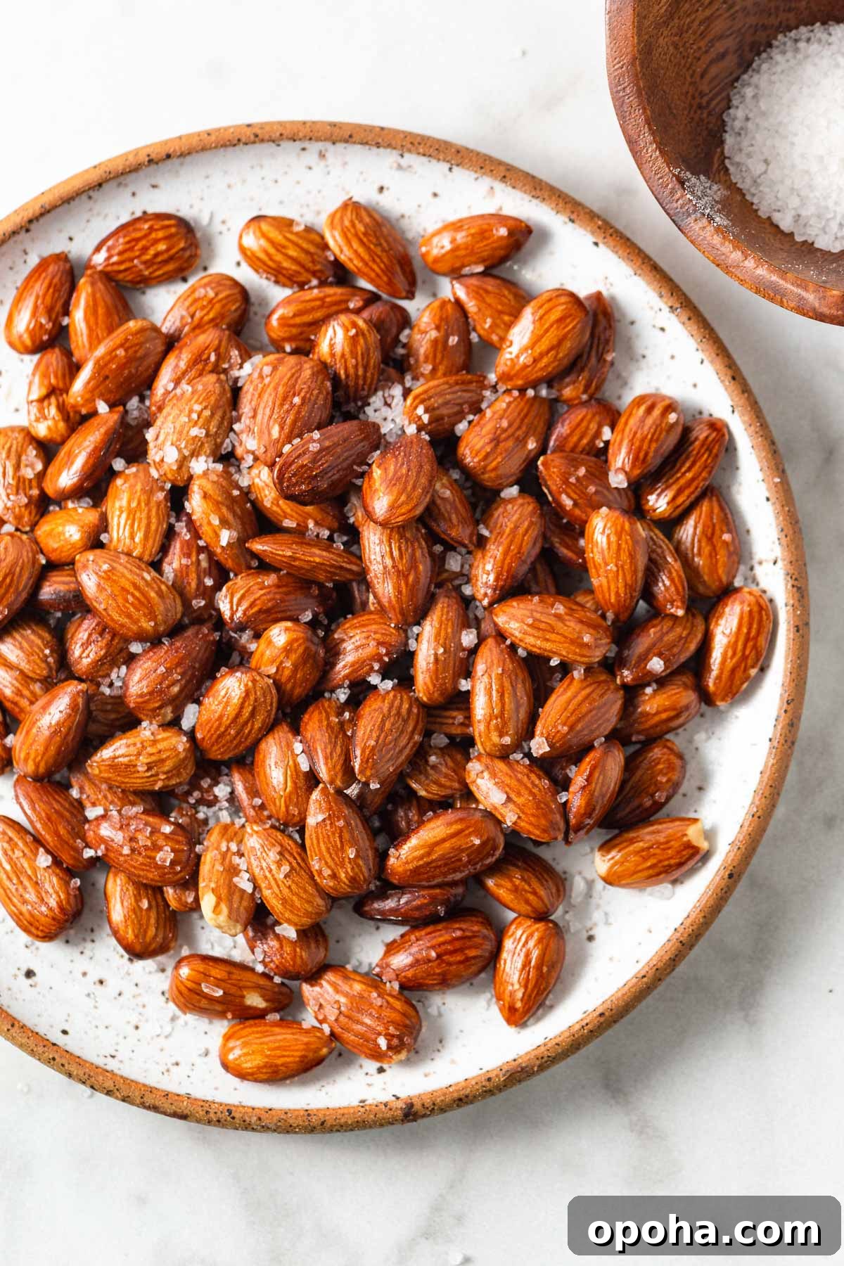 Seasoned roasted almonds on a plate.