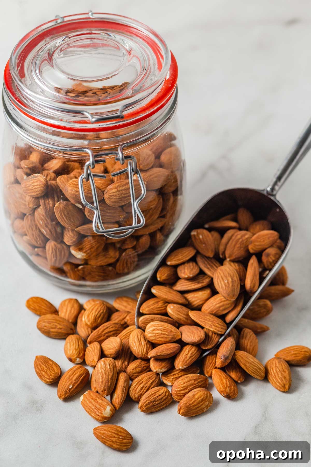 A jar of almonds and a spoon are displayed together.