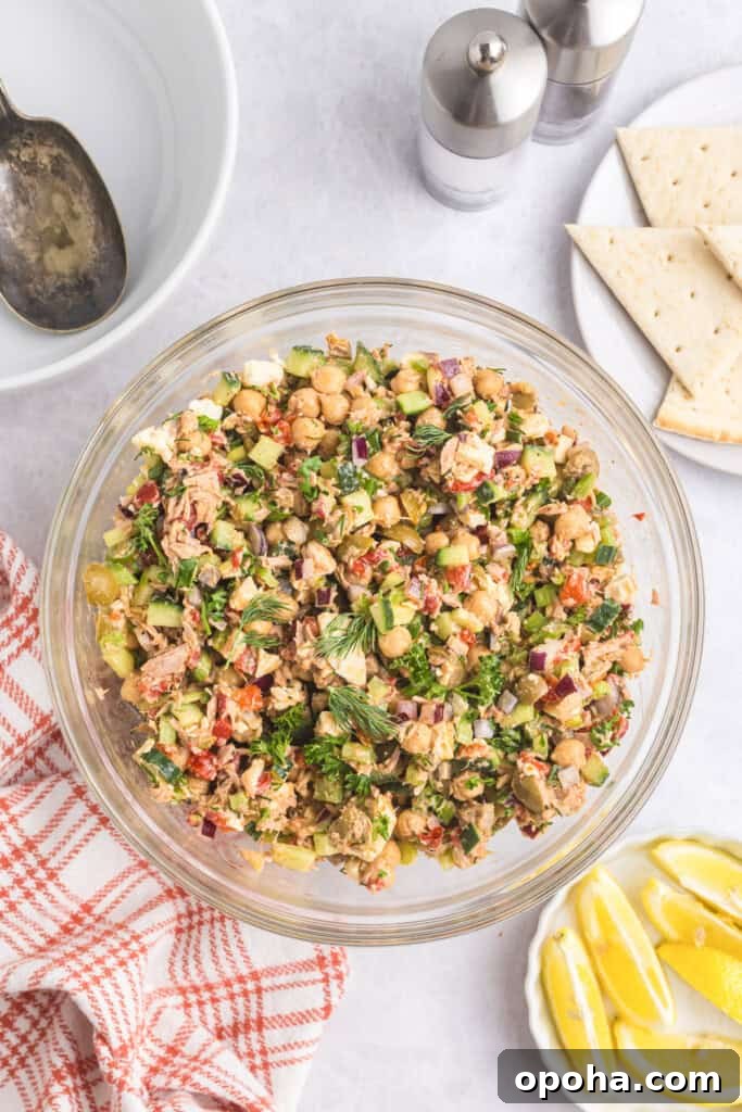 Mediterranean Tuna and Chickpea Salad in a clear bowl