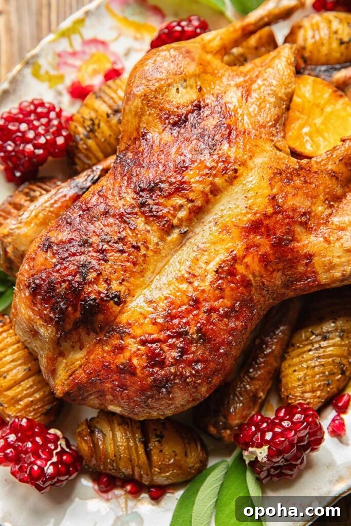 Roasted Duck with Port and Cranberry Sauce Recipe 2 Close up shot of roasted duck on a platter with cranberries and potatoes