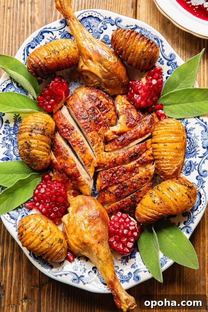 Roasted Duck with Port and Cranberry Sauce Recipe 4 Top down view of slices of roast duck with potatoes on a plate